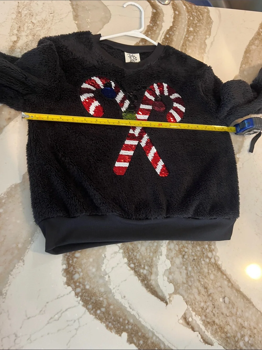 Jolie Black Plush Kids Crewneck Sweater with Red & White Candy Canes